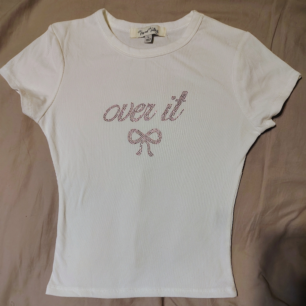 Vineyard Vines, Girls White Ribbed Top With Pink Sparkle Design Size Lg